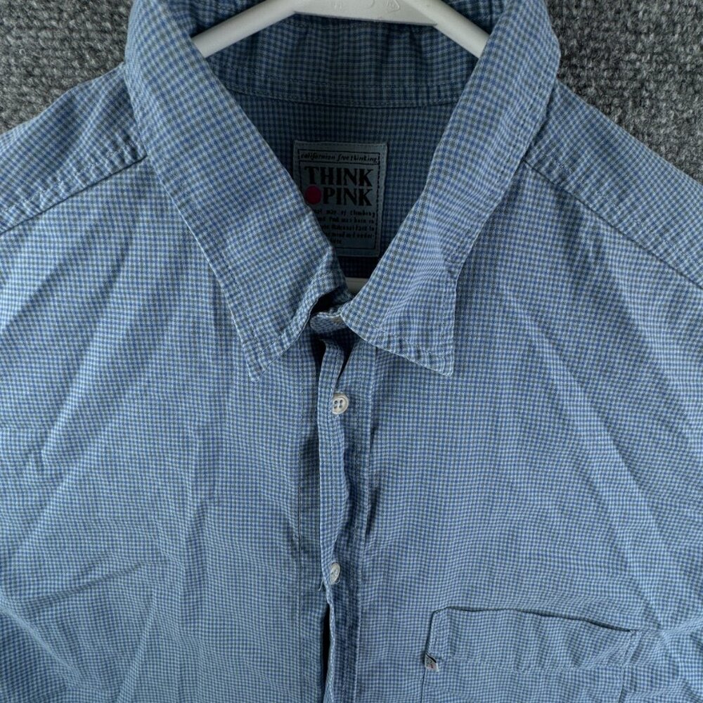 Think Pink Men Long Sleeve Button Up Shirt Blue Check Size XL Collared Adult